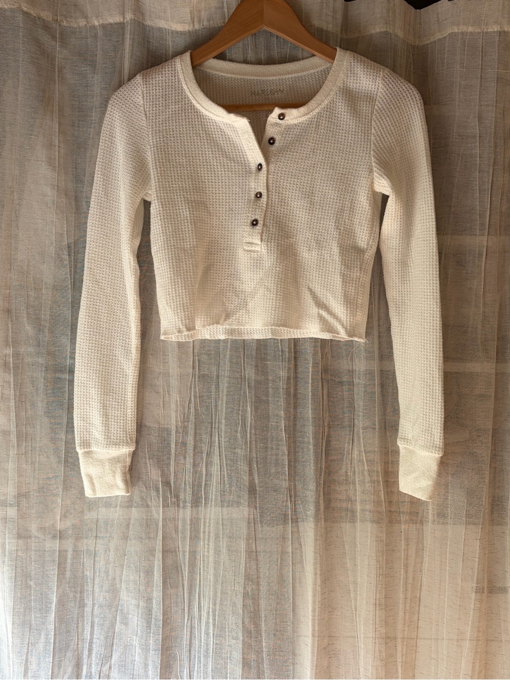 HARLOW Cropped Waffle Knit Henley Top - Cream Size S